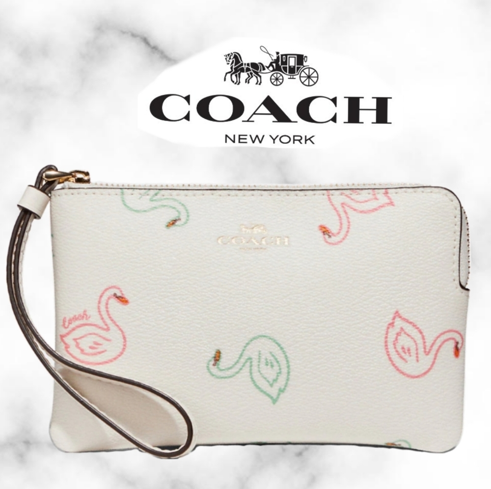 Coach Corner Zip Wristlet With Swan Print